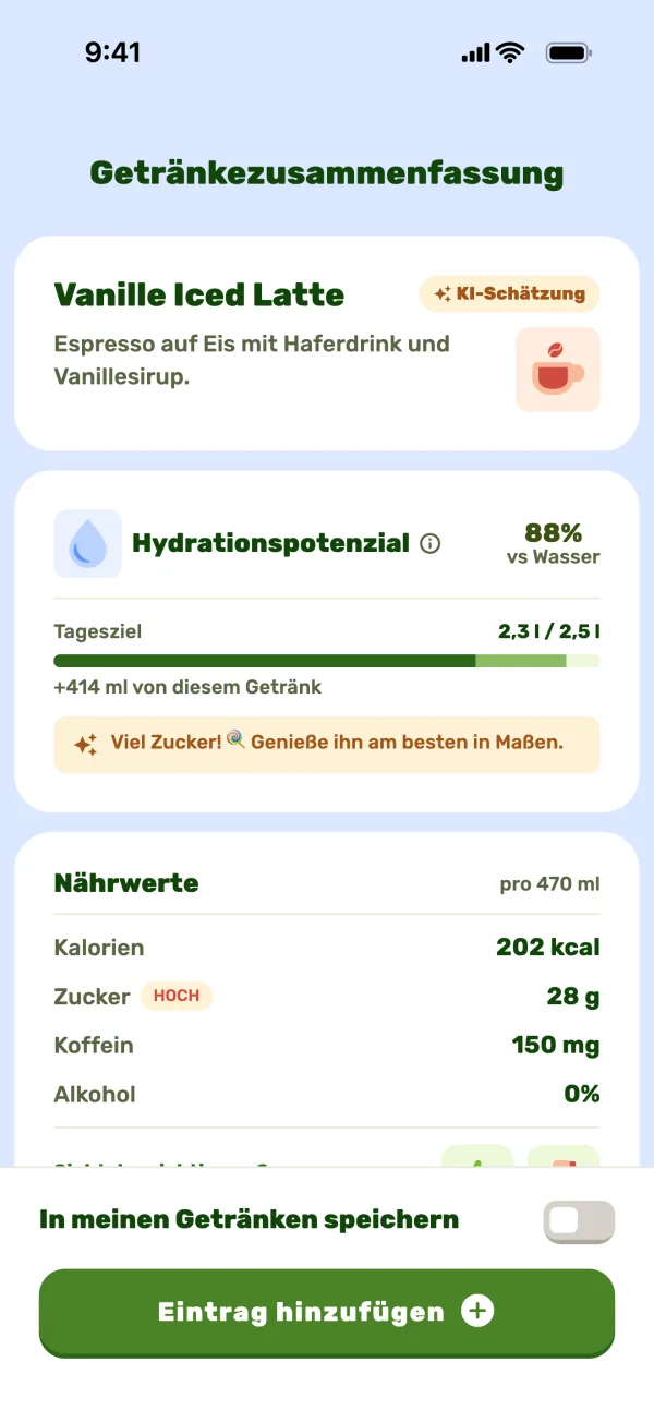 KI-Auswertung eines Getränks mit Flüssigkeit, Zucker und Koffein