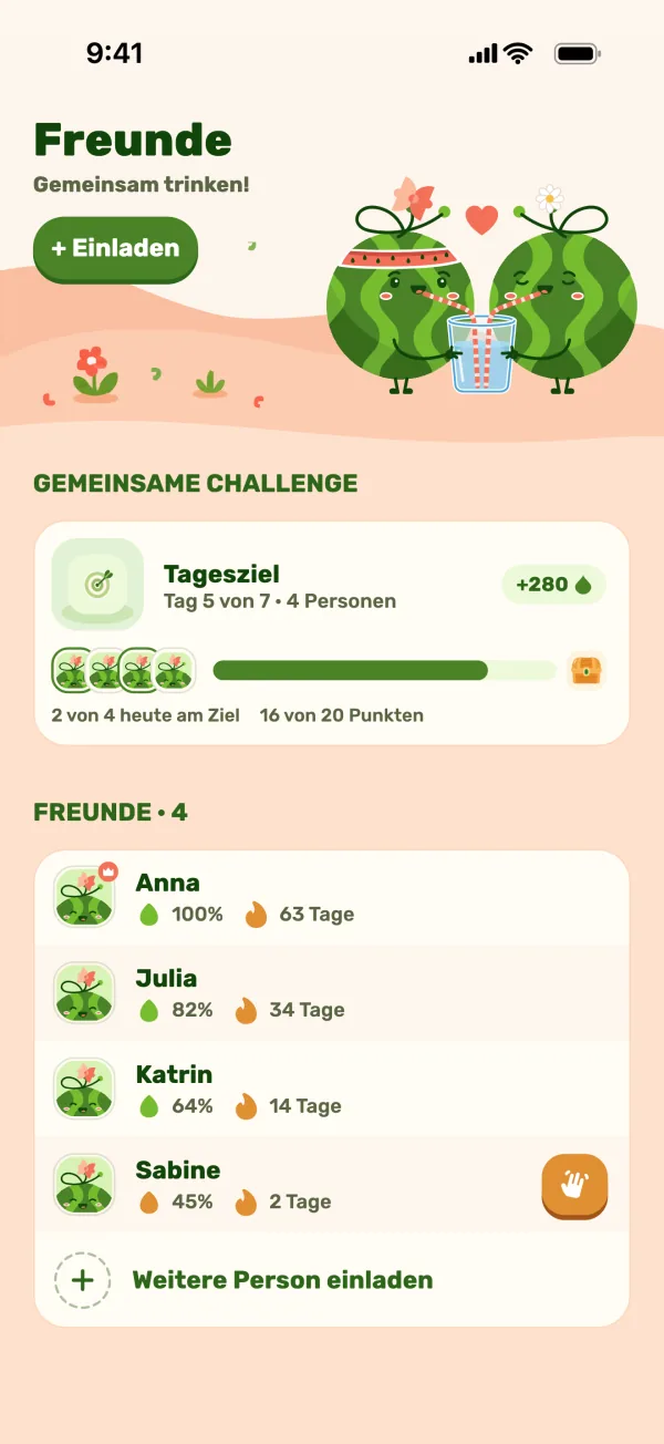 Freundesbildschirm mit einer gemeinsamen Challenge und dem Fortschritt der Freunde