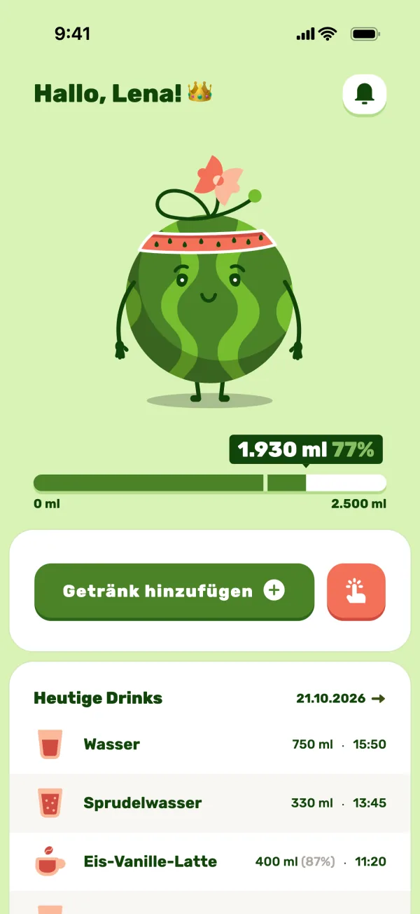 Startbildschirm von Waltermelon mit Walter, dem heutigen Fortschritt und den Getränken