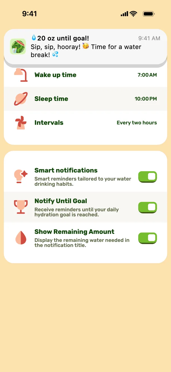 Reminder settings with a notification at the top