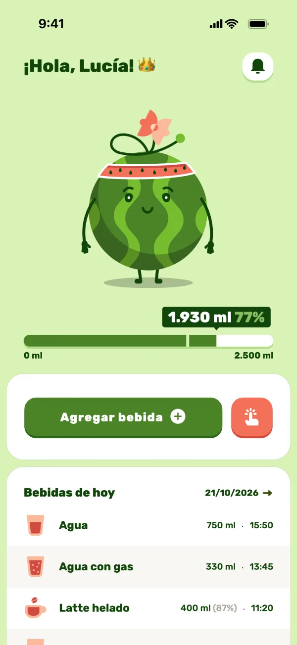 Pantalla de inicio de Waltermelon con Walter, el progreso de hoy y las bebidas