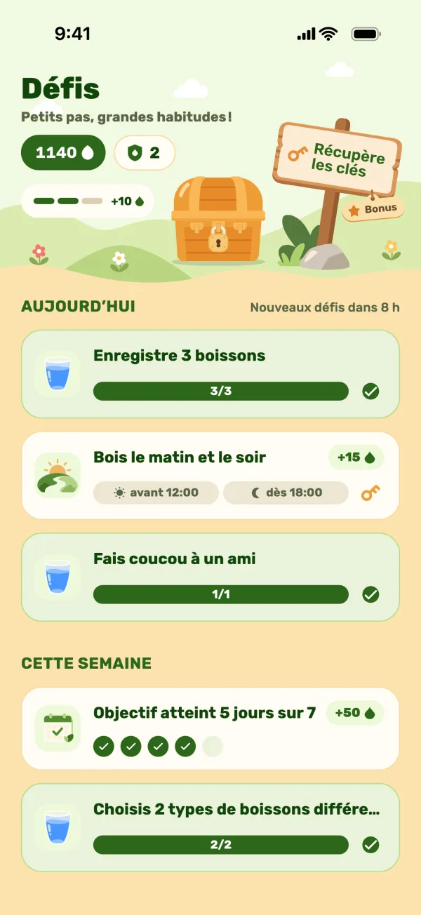 Écran des défis avec le coffre et les défis du jour