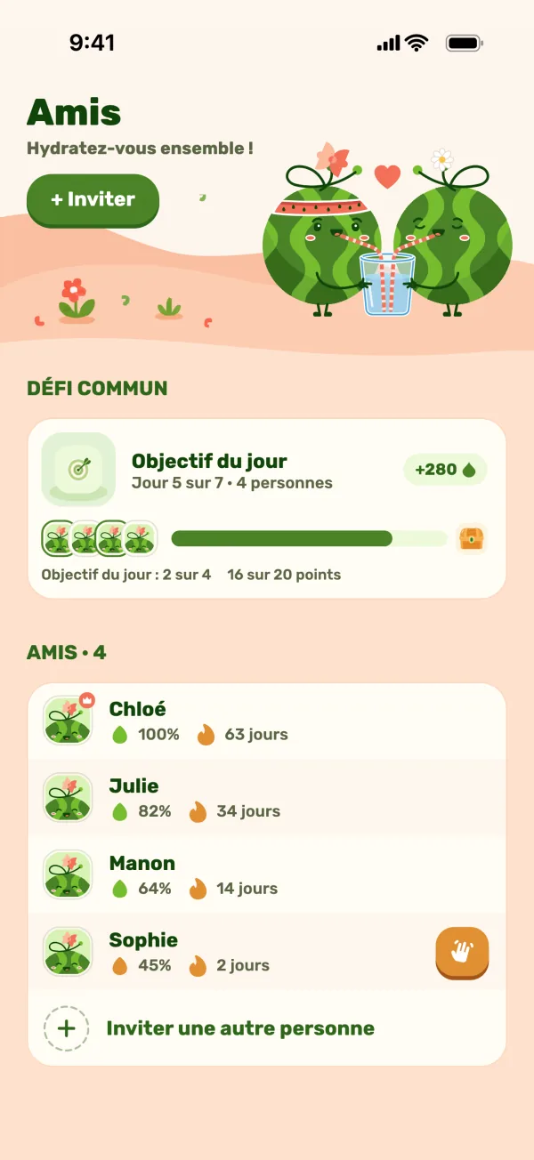 Écran des amis avec un défi commun et la progression des amis