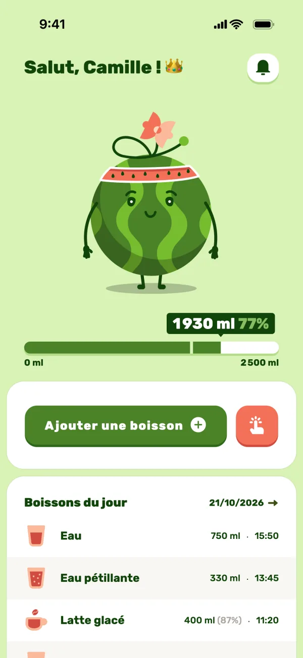 Écran d’accueil de Waltermelon avec Walter, la progression du jour et les boissons