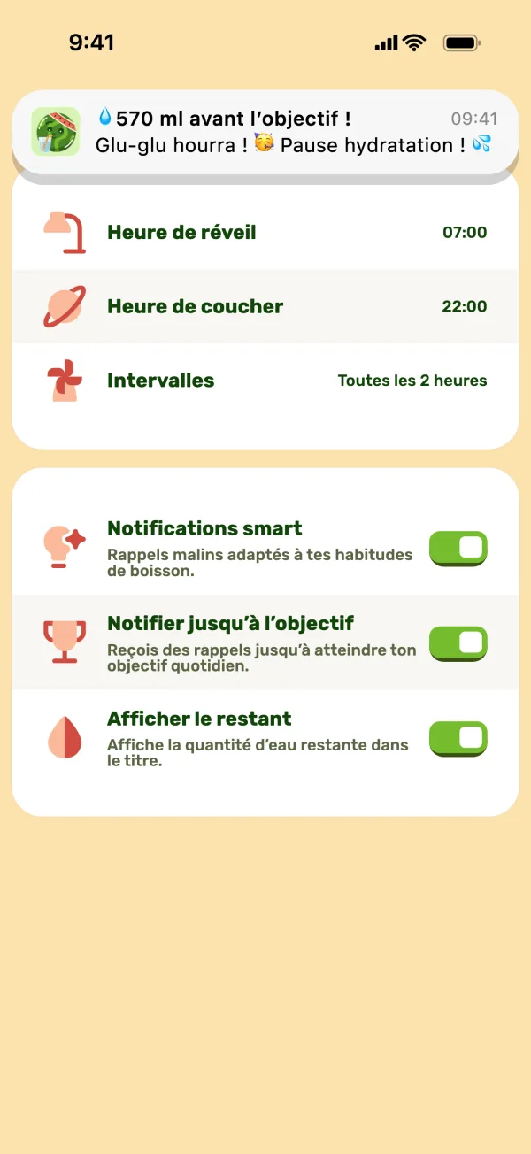 Réglages des rappels avec une notification en haut
