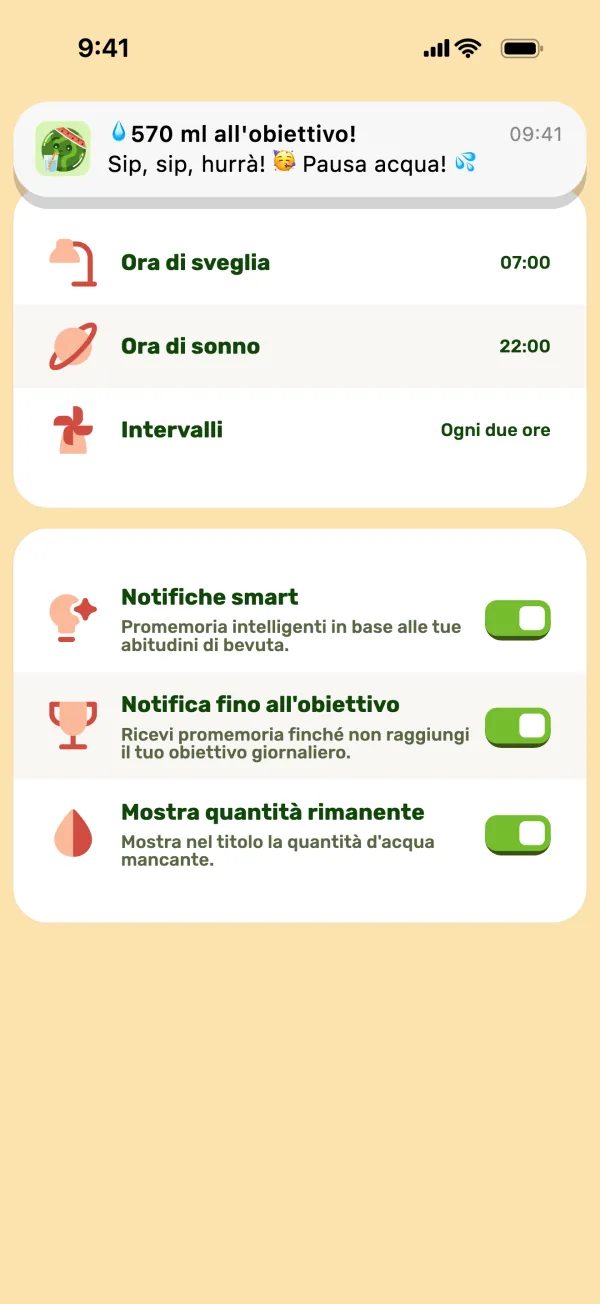 Impostazioni dei promemoria con una notifica in alto