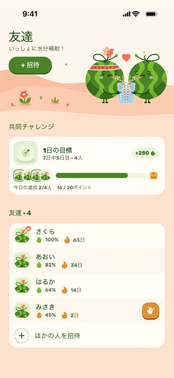 共同チャレンジと友達の進捗が表示された友達画面