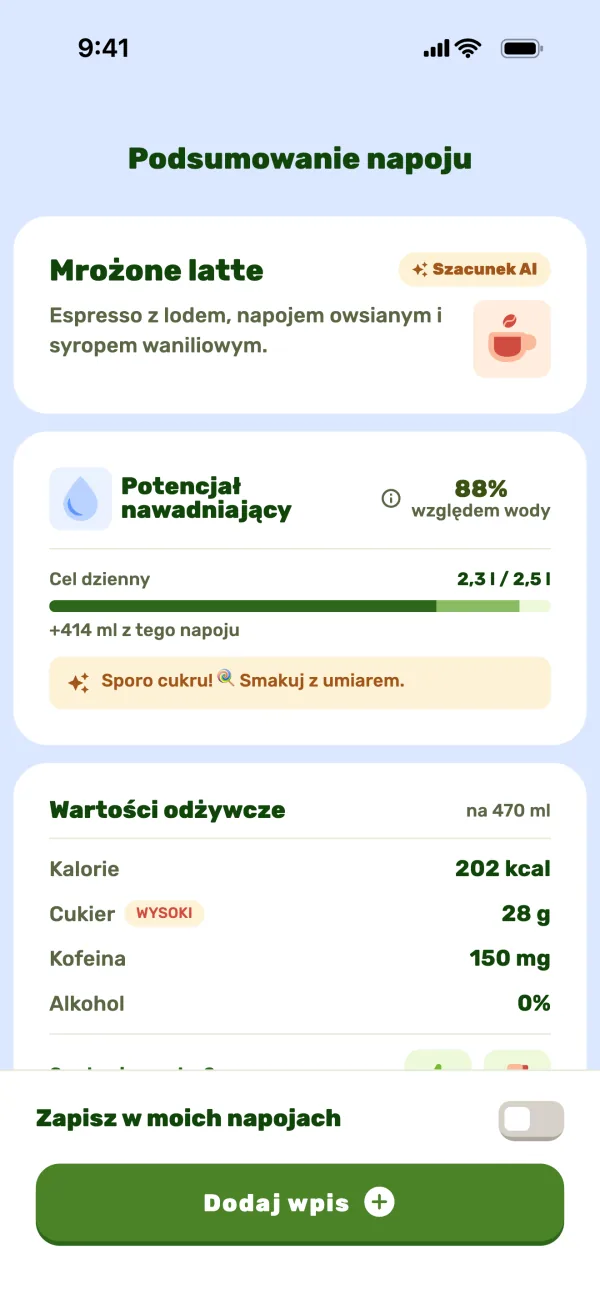 Podsumowanie napoju od AI z nawodnieniem, cukrem i kofeiną
