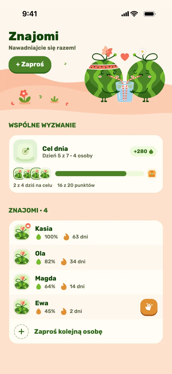 Ekran znajomych ze wspólnym wyzwaniem i postępami znajomych