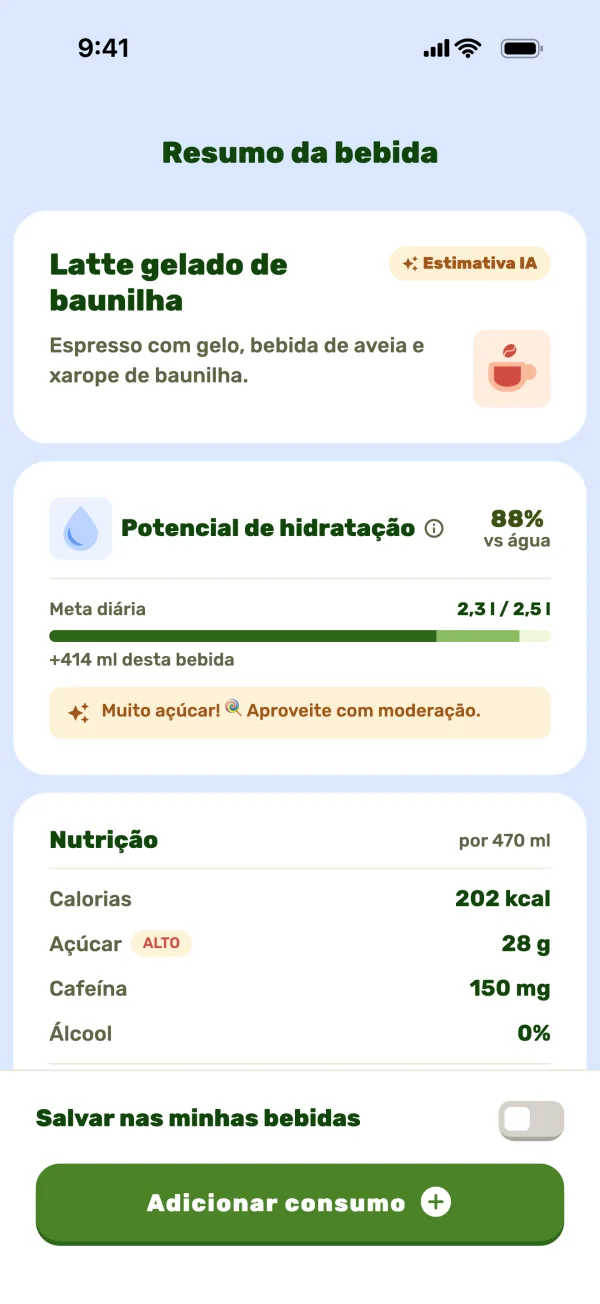 Resumo da bebida feito pela IA, com hidratação, açúcar e cafeína