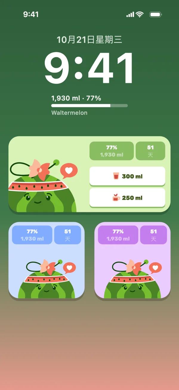 带有 Waltermelon 小组件的锁屏界面